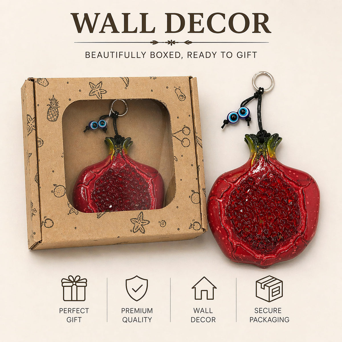 MYSTIC JEWELS - Adorno de Granada de Cristal Artesanal con Ojo Turco - Amuleto de Pared para Suerte y Prosperidad - Decoración del Hogar, Disponible en 2 Tamaños