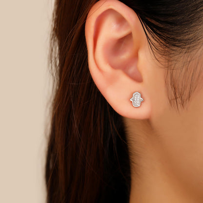 MYSTIC JEWELS - Pendientes Mano de Fátima Plata 925, Mini Hamsa con Circonitas, Antialérgicos, Minimalista, Joyería de Protección, Incluye Caja de Regalo + una pulsera de ojo turco