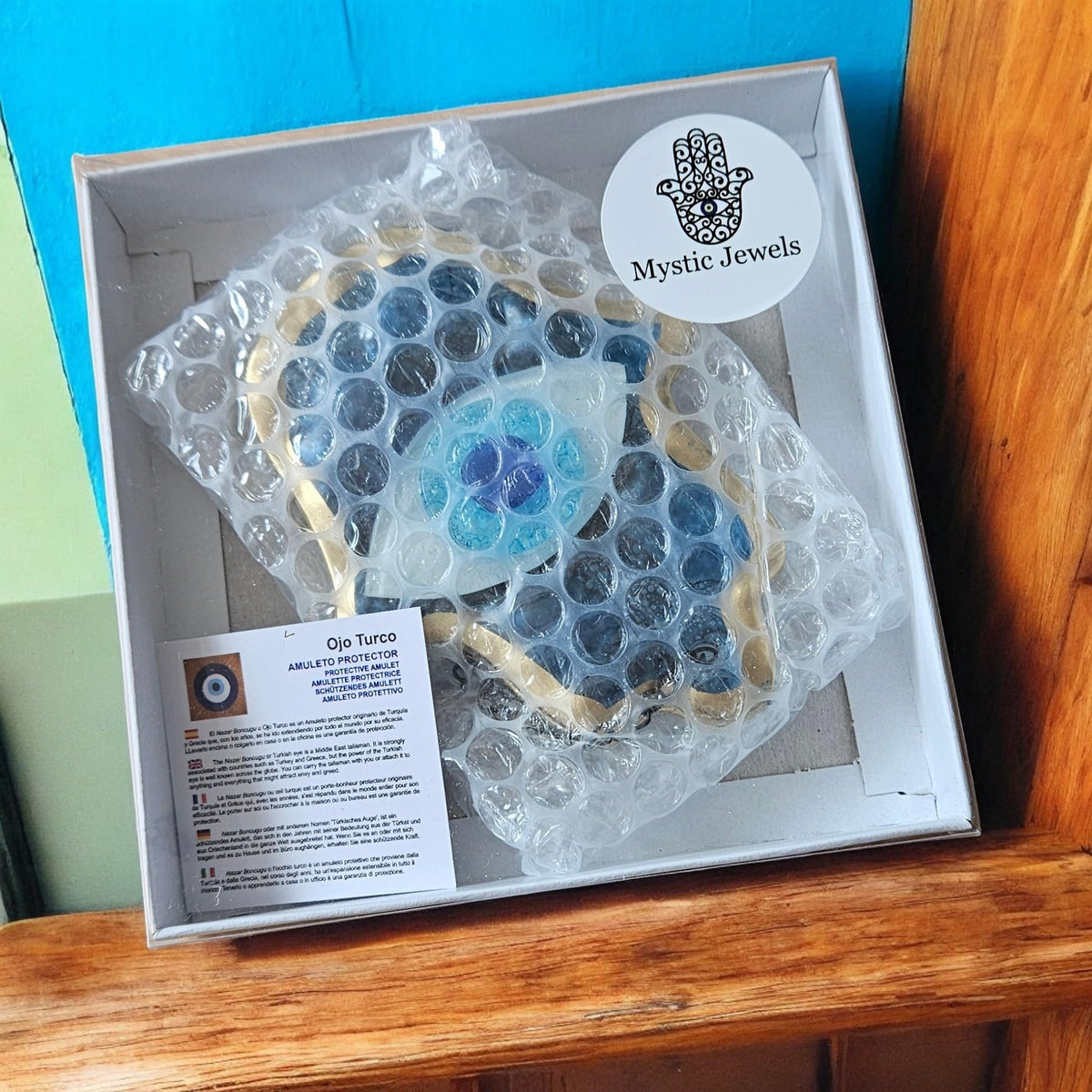 MYSTIC JEWELS - Adorno de Pared Vidrio, Ojo Turco y Mano de Fátima, Azul, Marco Dorado, Tres Tamaños, para Buena Suerte