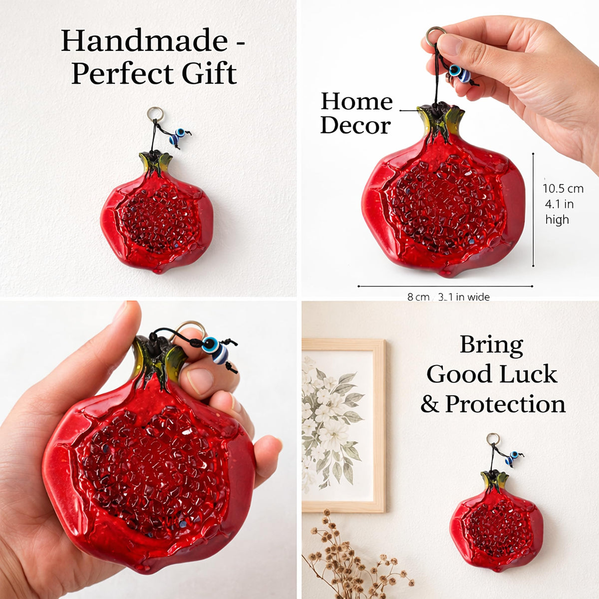 MYSTIC JEWELS - Adorno de Granada de Cristal Artesanal con Ojo Turco - Amuleto de Pared para Suerte y Prosperidad - Decoración del Hogar, Disponible en 2 Tamaños