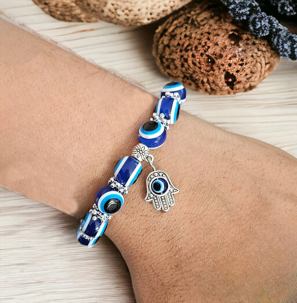 MYSTIC JEWELS - Pulsera Elástica De Protección Contra El Mal De Ojo, 2 Piezas Elásticas Amuleto De La Suerte Hamsa (Mano De Fátima); Blue Eye Bead Bracelets, Unisex Lucky Bracelet