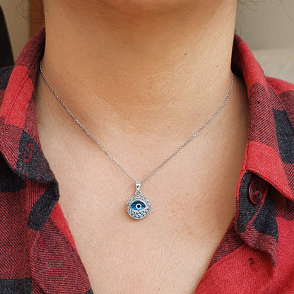 MYSTIC JEWELS - Collar de Mal de Ojo Redondo en Plata de Ley 925 – Amuleto de Protección con Cristal Azul de 10mm – Cadena Ajustable 40-45cm – Joyería para Mujer con Bolsa de Regalo