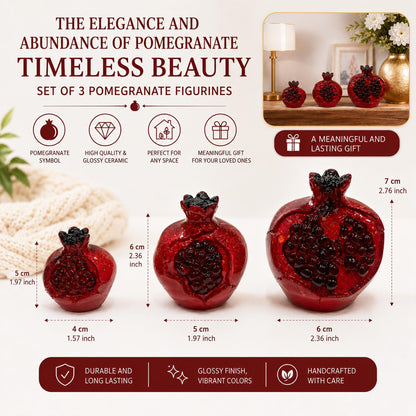MYSTIC JEWELS - Set de 3 Granadas Decorativas de Cerámica Roja Brillante para Mesa, Estantería y Hogar