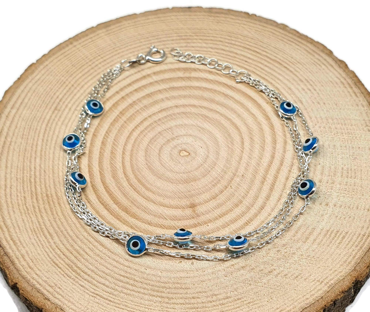 MYSTIC JEWELS By Dalia - 19cm Pulsera de Plata Mal de Ojo en Cadena Triple con ojitos pequeñitos - Para Buena Suerte