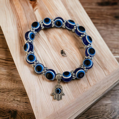 MYSTIC JEWELS - Pulsera Elástica De Protección Contra El Mal De Ojo, 2 Piezas Elásticas Amuleto De La Suerte Hamsa (Mano De Fátima); Blue Eye Bead Bracelets, Unisex Lucky Bracelet