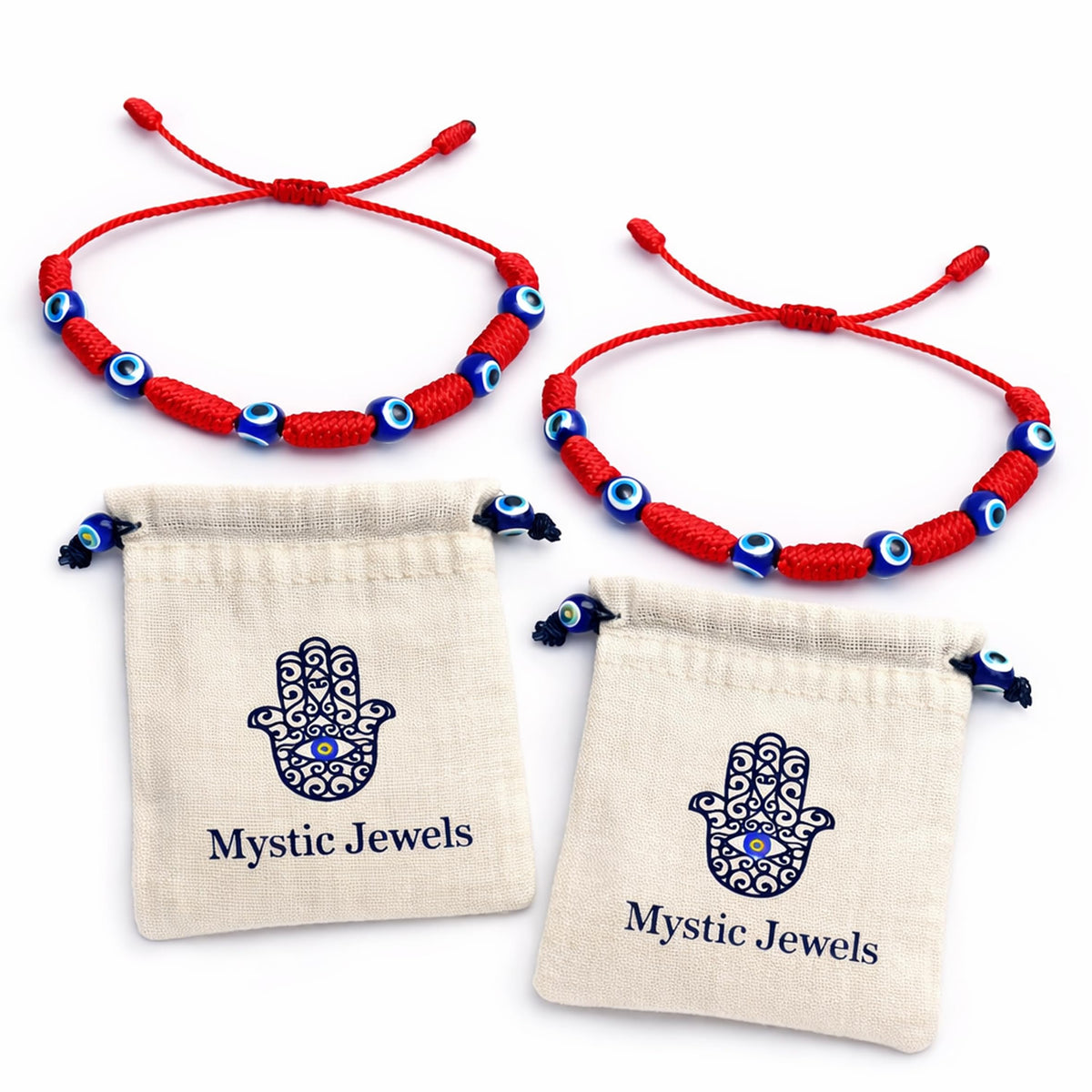 MYSTIC JEWELS - Pulsera de Hilo Rojo con Ojo Turco, Azul, 7 Chakras, Artesanal, Ajustable 14-23 cm, Unisex, Pack de 2