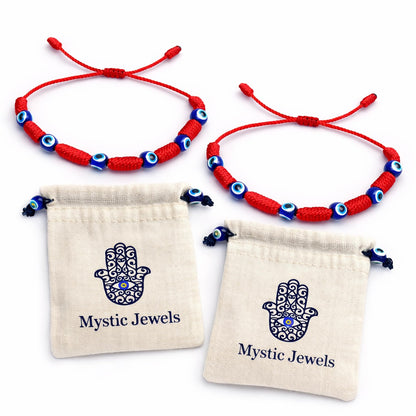 MYSTIC JEWELS - Pulsera de Hilo Rojo con Ojo Turco, Azul, 7 Chakras, Artesanal, Ajustable 14-23 cm, Unisex, Pack de 2