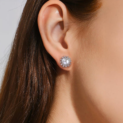 MYSTIC JEWELS - Pendientes de Perla 8 mm con Circonitas en Plata de Ley 925 – Studs Elegantes Minimalistas para Mujer – Cierre de Presión