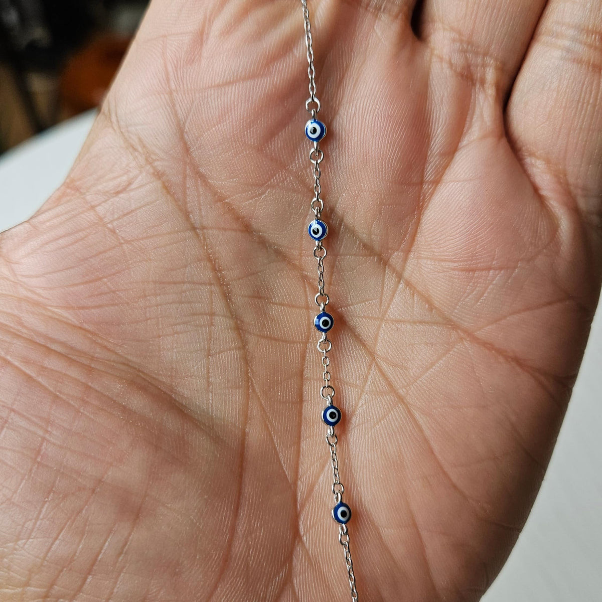 MYSTIC JEWELS - Pulsera Ojo Turco Plata de Ley 925, Mini Evil Eye Azul Marino 3mm, Amuleto de la Suerte, 16 + 3 cm, con bolsita