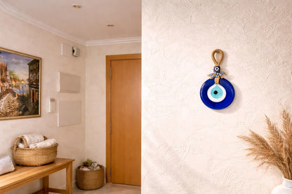MYSTIC JEWELS - Amuleto Turco Nazar de Vidrio Azul, Colgante de Ojo Protector, 9 cm, con Cordón de Yute, Decoración para Pared