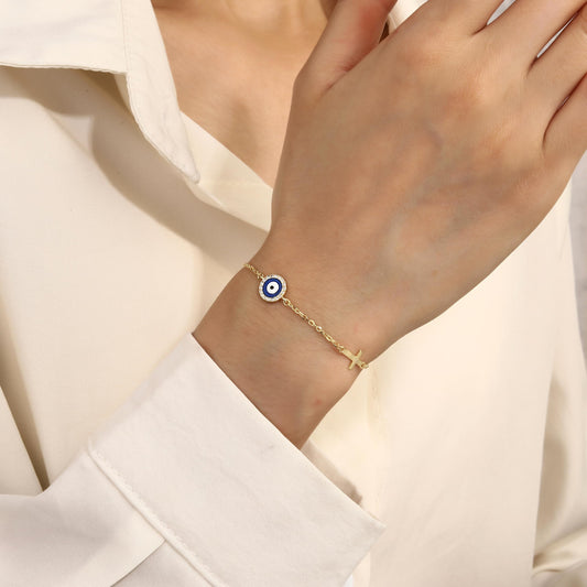 MYSTIC JEWELS – Pulsera de Plata de ley 925 - Bañada en Oro con Cruz y Ojo Turco – Diseño Minimalista con Circonitas – Ajustable 16 + 3 cm