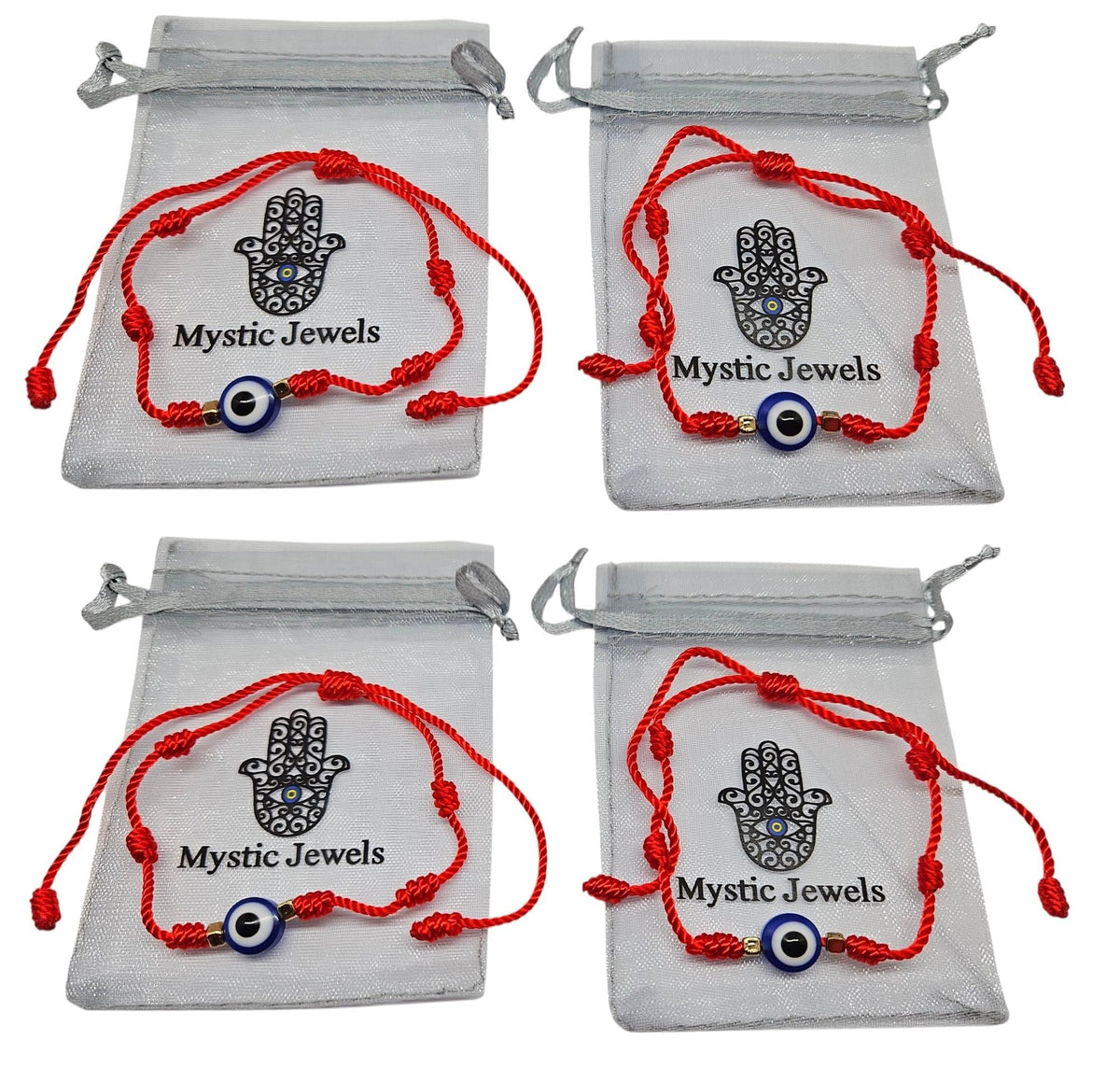 MYSTIC JEWELS - Pulsera de Cuerda Roja con 7 Chakras, Amuleto de Protección y Buena Suerte, Ajustable, Hecha a Mano, para Mujeres y Hombres, Símbolo de Amistad (Nudos con Ojo Turco (4 pza))