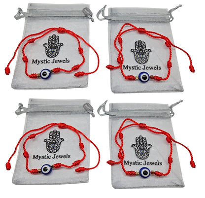 MYSTIC JEWELS - Pulsera de Cuerda Roja con 7 Chakras, Amuleto de Protección y Buena Suerte, Ajustable, Hecha a Mano, para Mujeres y Hombres, Símbolo de Amistad (Nudos con Ojo Turco (4 pza))