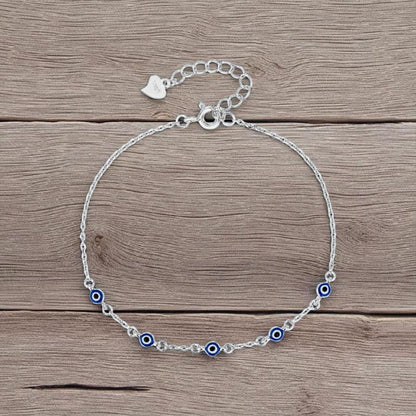 MYSTIC JEWELS - Pulsera Ojo Turco Plata de Ley 925, Mini Evil Eye Azul Marino 3mm, Amuleto de la Suerte, 16 + 3 cm, con bolsita