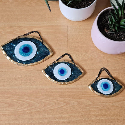 MYSTIC JEWELS - Adorno Ojo Turco Decorativo, Vidrio Azul y Blanco, Amuleto Suerte Marco en Dorado, 3 tamaños