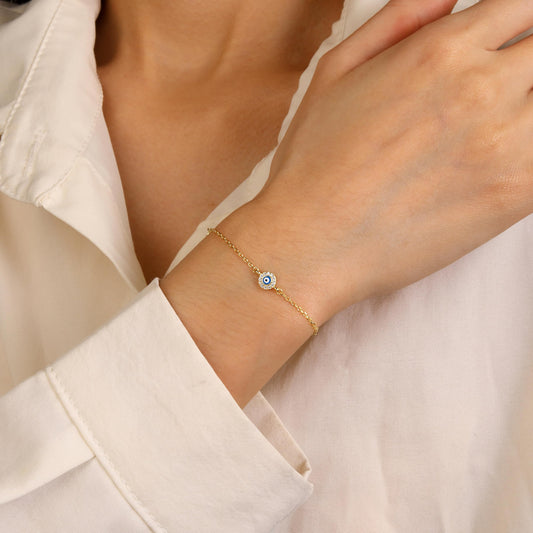 MYSTIC JEWELS - Pulsera Ojo Turco de Plata 925 Chapada en Oro, 3 Mini Evil Eye Amuletos con Circonitas, Cadena Ajustable 16+3 cm, Joyería de Protección