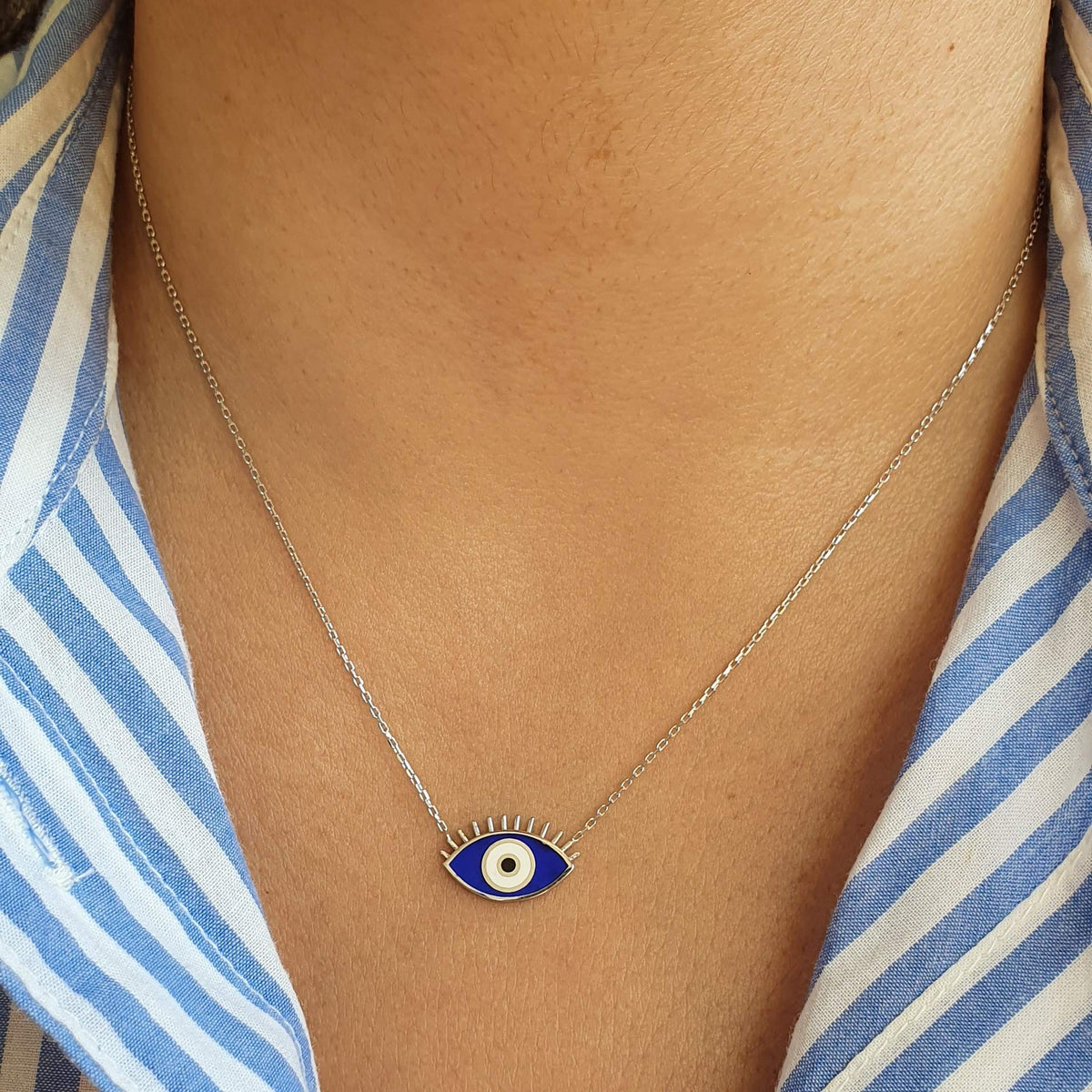 MYSTIC JEWELS by Dalia - Collar de Ojo con Pestañas - Plata de Ley 925 Esmaltada en color azul para buene suerte (Plata 925)