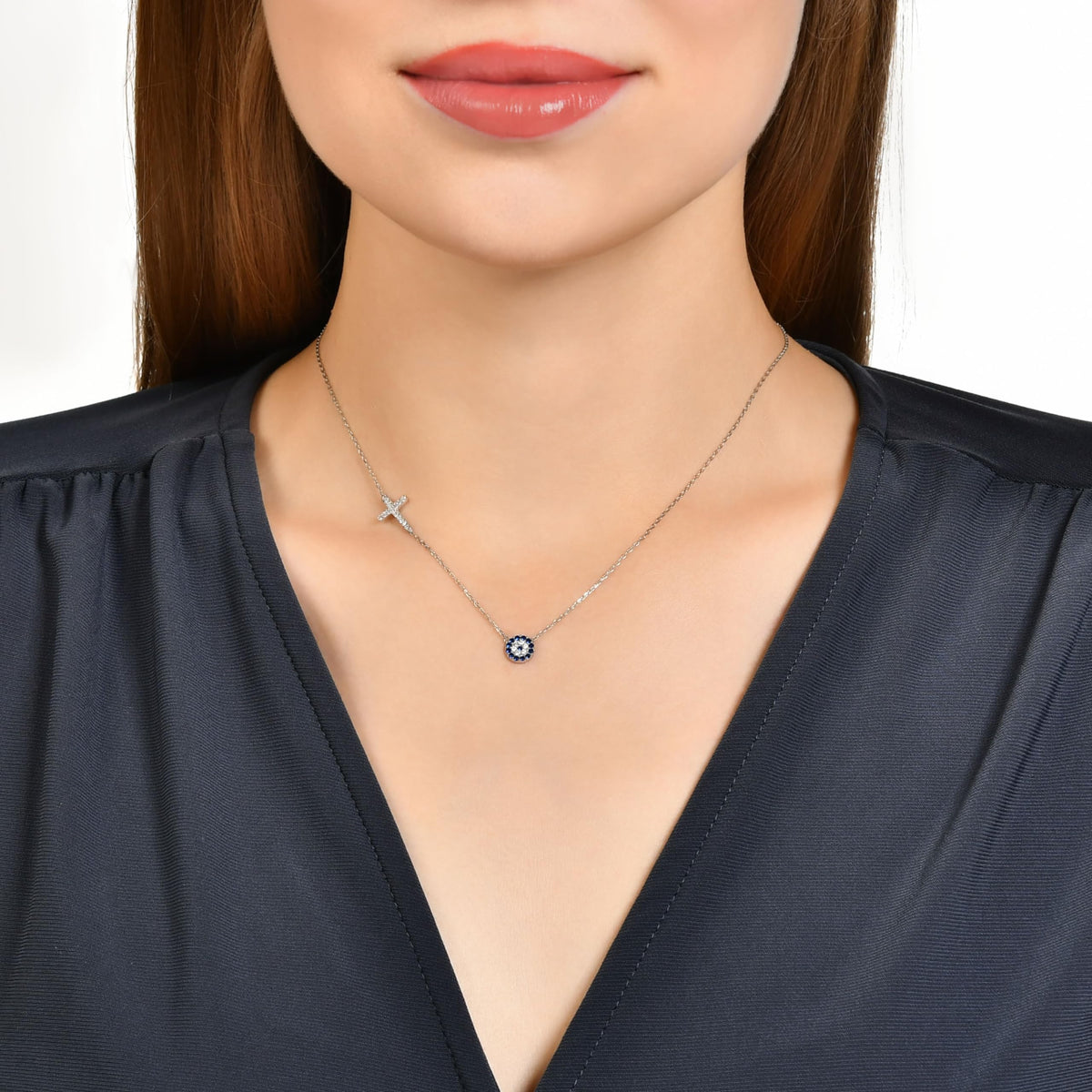 MYSTIC JEWELS By Dalia - Collar de plata de ley 925 con cruz y mal de ojo de circonita cúbica para buene suerte, regalar en año nuevo, cumpleaños