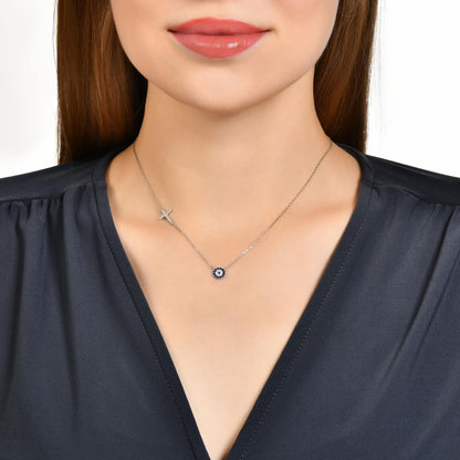MYSTIC JEWELS By Dalia - Collar de plata de ley 925 con cruz y mal de ojo de circonita cúbica para buene suerte, regalar en año nuevo, cumpleaños