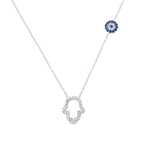 MYSTIC JEWELS - 925 sterling silver necklace, cubic zirconia Hamsa (Hand of Fatima) and Turkish Eye, Turkish evil eye, protection
