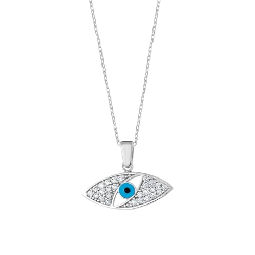 MYSTIC JEWELS - 925 Sterling Silver Necklace; Evil Eye Protector, Turkish Eye Pendant Necklace with Zircons, Eye Shape, Jewelry for Women