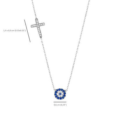 MYSTIC JEWELS By Dalia - 925 Sterling Silver Cross and Evil Eye Cubic Zirconia Necklace for Good Luck, Gift for New Year, Birthday