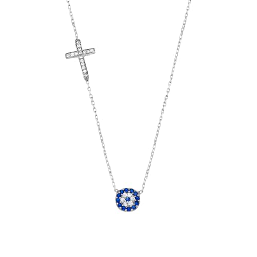 MYSTIC JEWELS By Dalia - 925 Sterling Silver Cross and Evil Eye Cubic Zirconia Necklace for Good Luck, Gift for New Year, Birthday