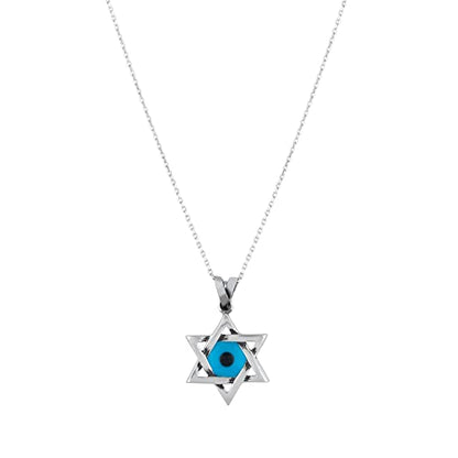 MYSTIC JEWELS By Dalia - Collar de estrella de David (Magen David) de plata de ley 925 con mal de ojo azul cristal en el medio
