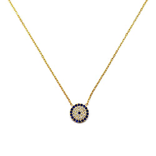 Mystic Jewels - Collier avec pendentif œil turc en argent sterling 925 – Rond avec oxyde de zirconium – Plaqué or