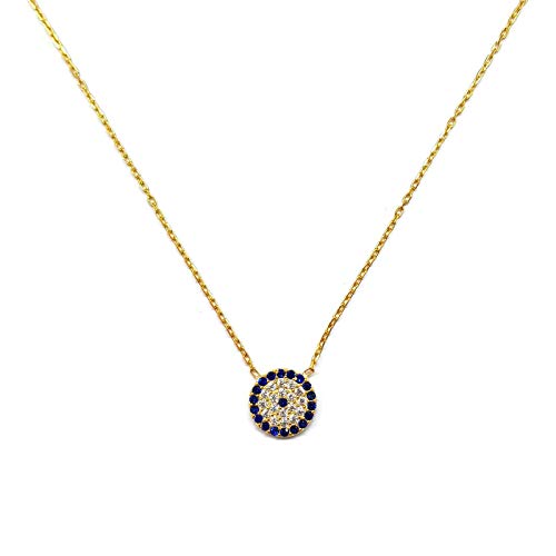 Mystic Jewels - 925 Sterling Silver Turkish Eye Pendant Necklace - Round with Cubic Zirconia - Gold Plated