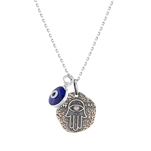 MYSTIC JEWELS By Dalia - 925 Sterling Silver Hamsa Necklace with a 7mm Evil Eye Charm Dangling (Round)