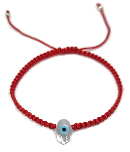 MYSTIC JEWELS By Dalia - Red macrome thread bracelet with mother of pearl and Turkish eye, for good luck, Evil Eye protection, Good Luck (Hand - Red)