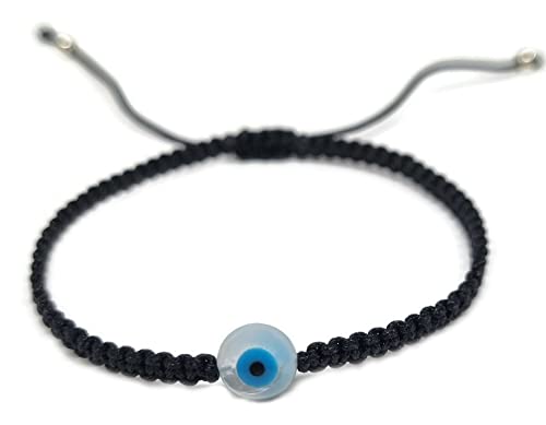 MYSTIC JEWELS By Dalia - Red macrome thread bracelet with mother-of-pearl and Turkish eye, for good luck, Evil Eye protection, Good Luck (Round - Black)