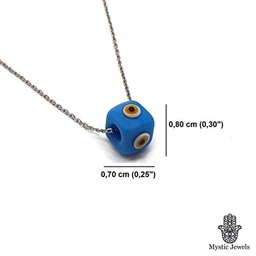 MYSTIC JEWELS by Dalia - Collar Mal de Ojo en forma cubo de Cristal Azul para la Buena Suerte - Cadena Plata de ley 925 (Turquesa)