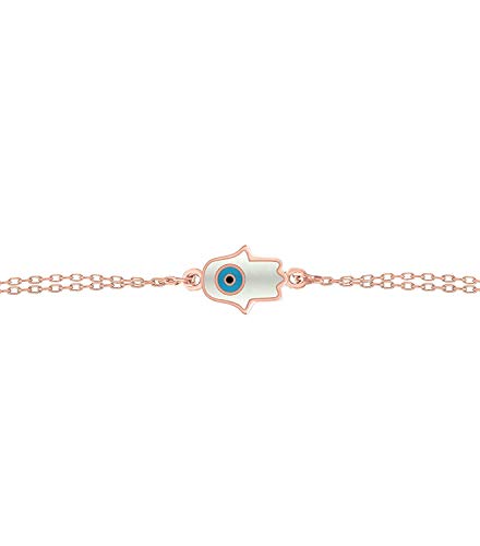 MYSTIC JEWELS by Dalia - Fatima Hand and Turkish Eye Enameled Bracelet - Double Chain - 925 Sterling Silver - Minimalist (Pink)