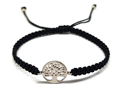 MYSTIC JEWELS by Dalia - 925 Sterling Silver Bracelet - tree of Life - in macrome Black Thread - Adjustable - to give as a gift (Silver)