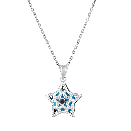 MYSTIC JEWELS By Dalia - 925 Sterling Silver and Crystal Evil Eye Necklace, Minimalist, in different Shapes (Hand, Star, Round) (Star)