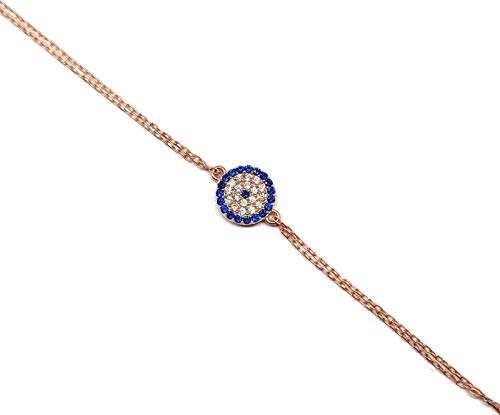 MYSTIC JEWELS by Dalia - Turkish Eye Motif Zircon Bracelet - Double Chain 16-18 cm Adjustable (Pink)
