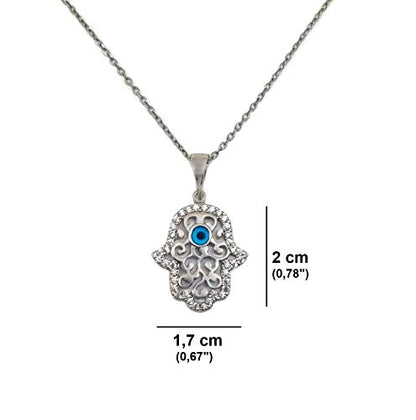 MYSTIC JEWELS By Dalia - 925 Sterling Silver Hand of Fatima Necklace with little eye in the middle and zircons around it for good luck