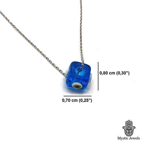 MYSTIC JEWELS by Dalia - Collar Mal de Ojo en forma cubo de Cristal Azul para la Buena Suerte - Cadena Plata de ley 925 (Azul Claro)