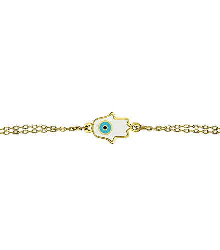 MYSTIC JEWELS by Dalia - Fatima Hand and Turkish Eye Enameled Bracelet - Double Chain - 925 Sterling Silver - Minimalist (Golden)