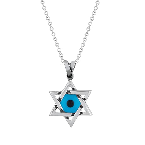 MYSTIC JEWELS By Dalia - 925 Sterling Silver Star of David (Magen David) Necklace with Crystal Blue Evil Eye in the Middle (Large)