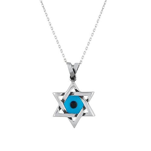 MYSTIC JEWELS By Dalia - 925 Sterling Silver Star of David (Magen David) Necklace with Crystal Blue Evil Eye in the Middle