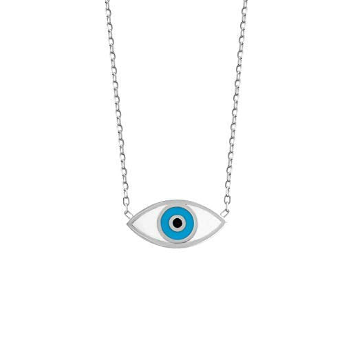 MYSTIC JEWELS by Dalia - Colliar Mal de Ojo - Rodio - Plata de Ley 925 Esmaltada con Blanco y Azul para buene Suerte por Mujeres y niñas (Plata)