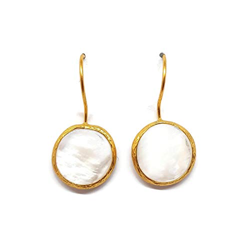 MYSTIC JEWELS by Dalia - Long Round Earrings with Natural Stone Women's Parties Wedding (White)