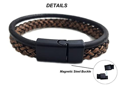 MYSTIC JEWELS By Dalia - Men's Magnetic Stainless Steel Leather Bracelet (MB15)