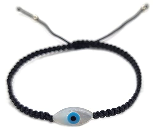 MYSTIC JEWELS By Dalia - Red macrome thread bracelet with mother of pearl and Turkish eye, for good luck, Evil Eye protection, Good Luck (Eye - Black)