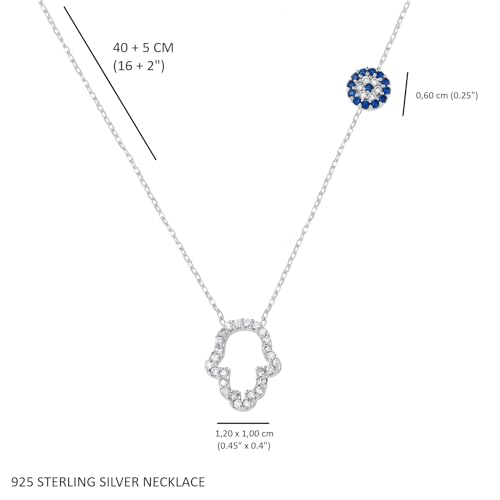 MYSTIC JEWELS - 925 sterling silver necklace, cubic zirconia Hamsa (Hand of Fatima) and Turkish Eye, Turkish evil eye, protection