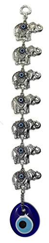 MYSTIC JEWELS Filigrane de sept éléphants avec oeil turc pour la bonne chance, tibétain, hindou, 35 cm sur 7 cm de large