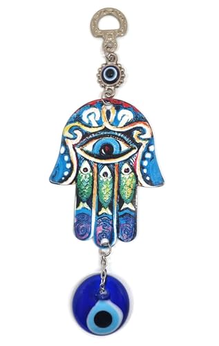 BIJOUX MYSTIQUES - Conception de maison Hamsa de la main de Fatima avec oeil turc pour la décoration de la maison; Énergie de chance et de réussite (3 poissons)